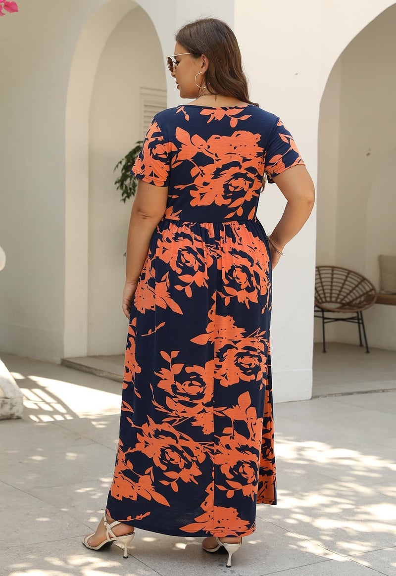 Nemidor Plus Size Maxi Dresses for Curvy Women Summer Casual Loose Short Sleeve Long Beach Dress with Pocket(149,24,Orange Print) - Image 2